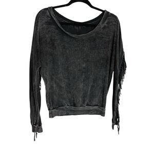 T Party Womens Western Fringe Top M Black Acid Washed Thermal Cowgirl Festival